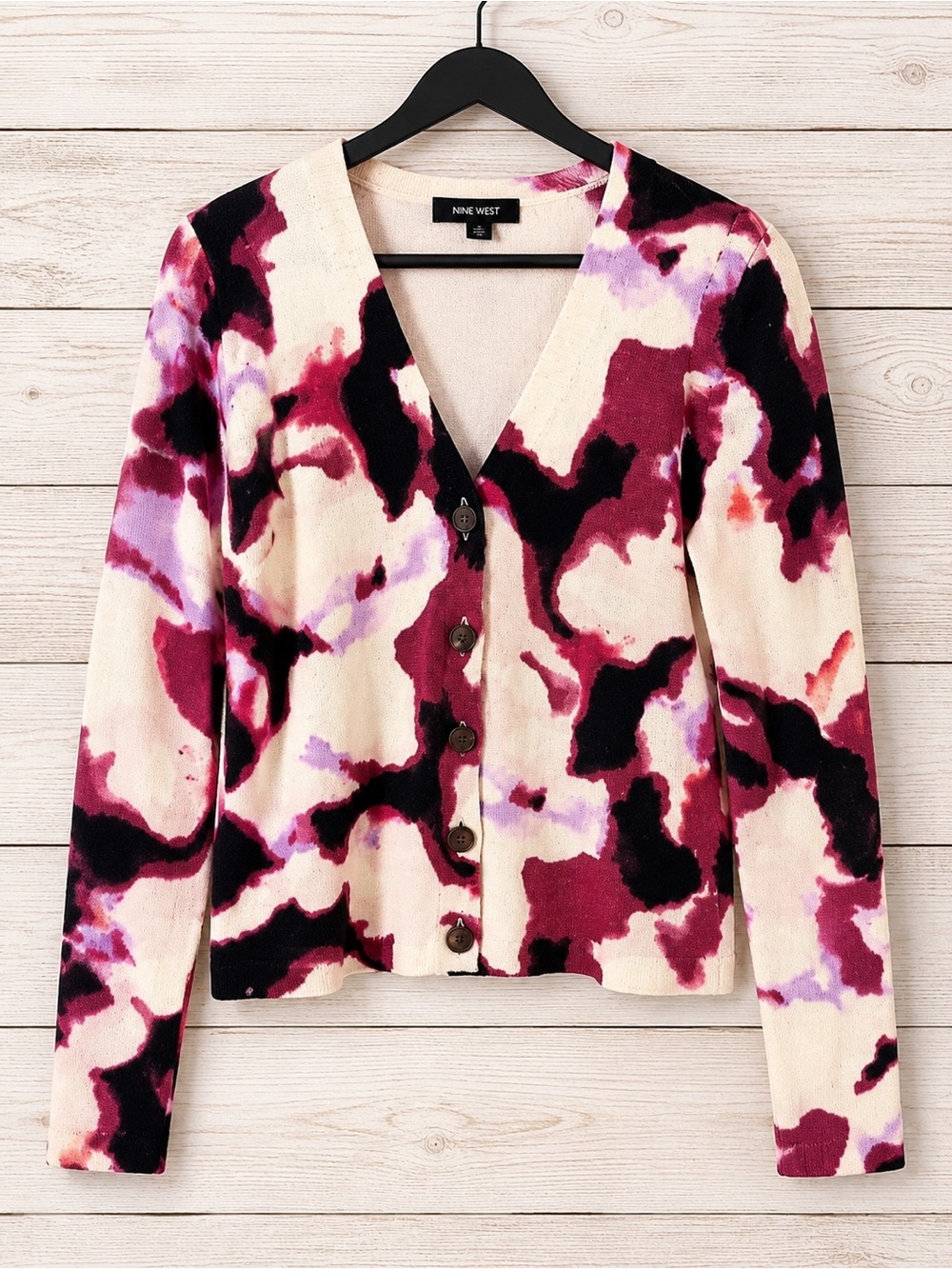 Nine West Floral Print Cardigan Sweater Pink Black Cream Button Front Large